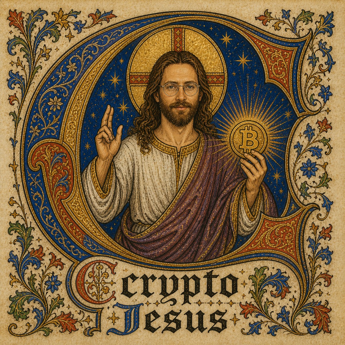 An illuminated manuscript depiction of Crypto Jesus, haloed, holding a Bitcoin coin, framed by an ornate initial C with vines and flowers.
